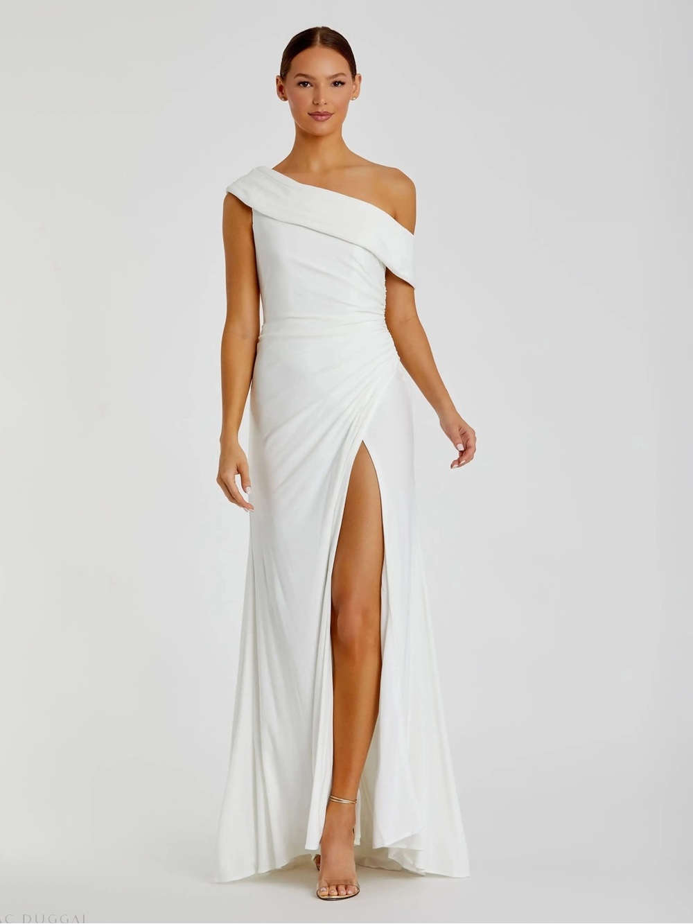 MAC DUGGAL Elegant One-Shoulder White Evening Gown with Side Slit